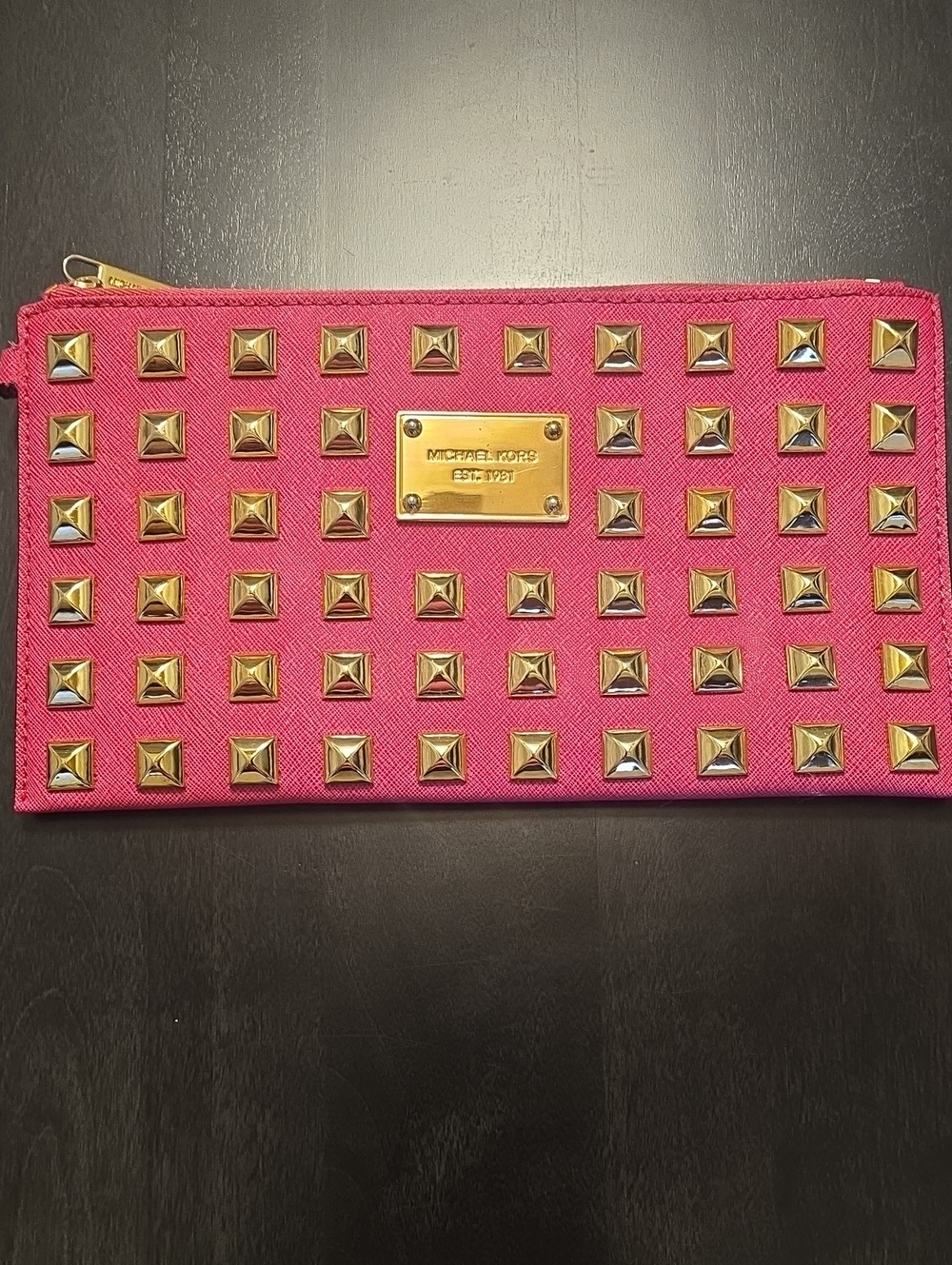Michael Kors Hot Pink Studded Zip Clutch with Gold Hardware